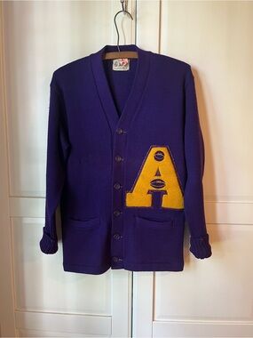 Vintage Purple Letterman Cardigan Sweater with Gold Patch